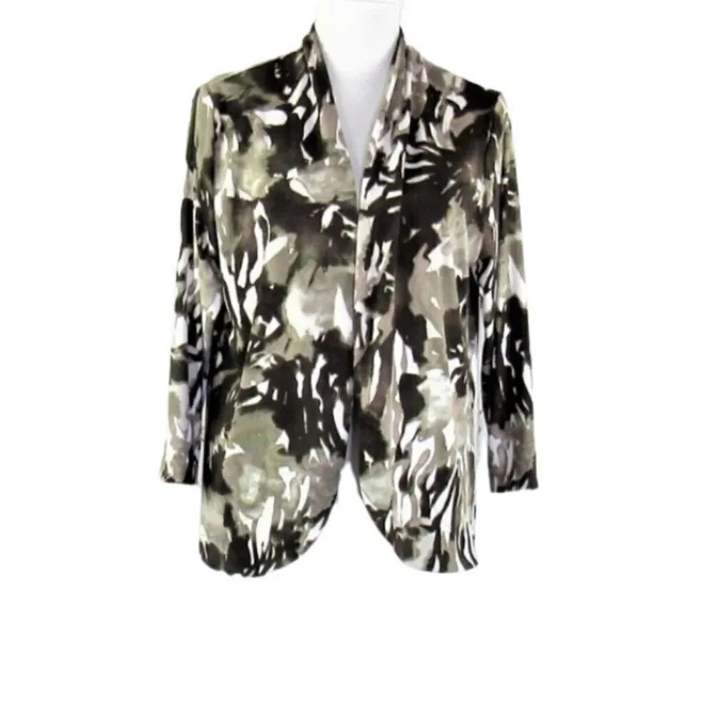 Tropical Storm Floral Print Jacket Blazer Open Front Collarless Green Women's M
